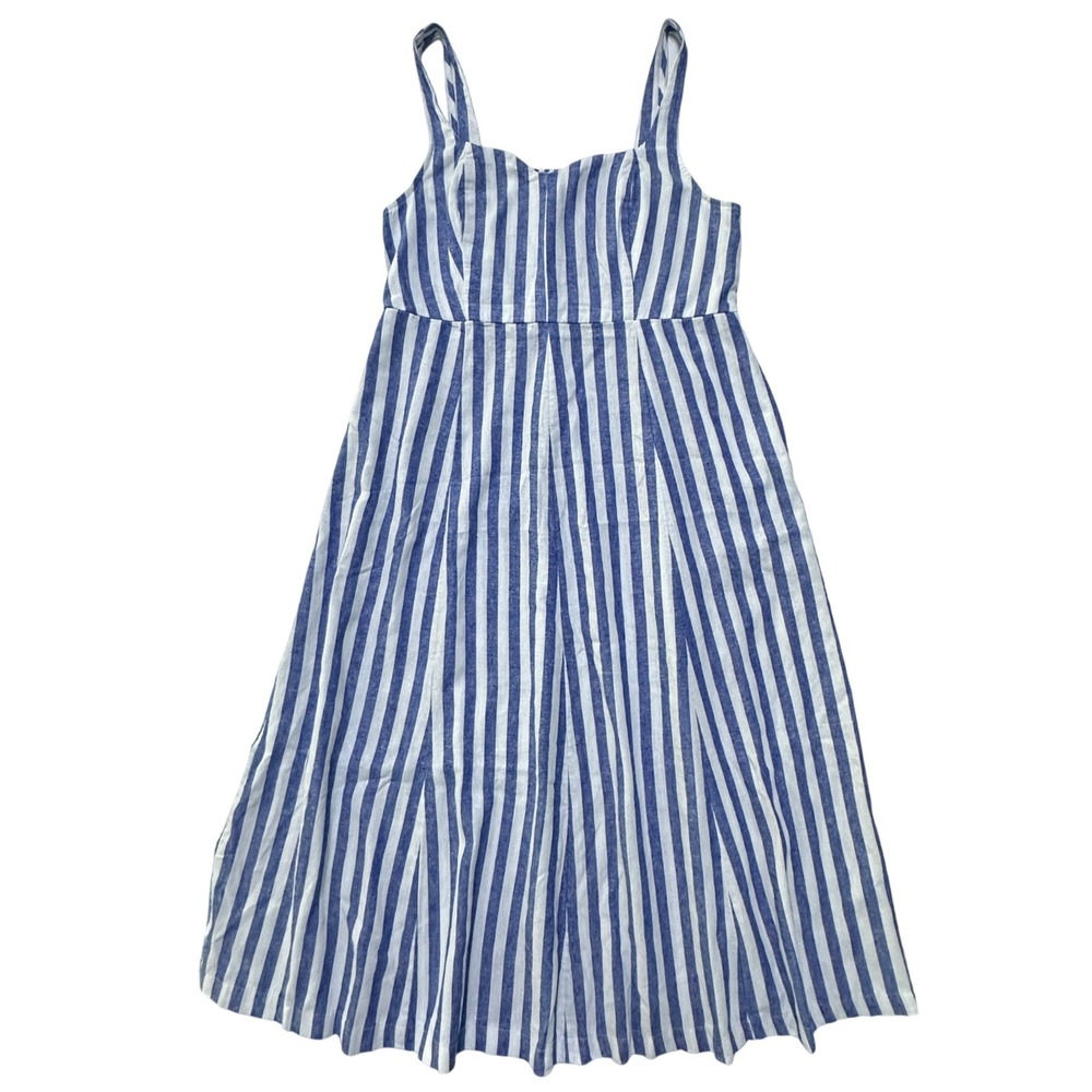 Old Navy Midi Dress L Linen Rayon Smocked Striped Sundress Coastal Nautical